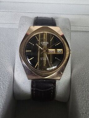Oris Star Gold-Tone Case with Black Dial and Brown Strap